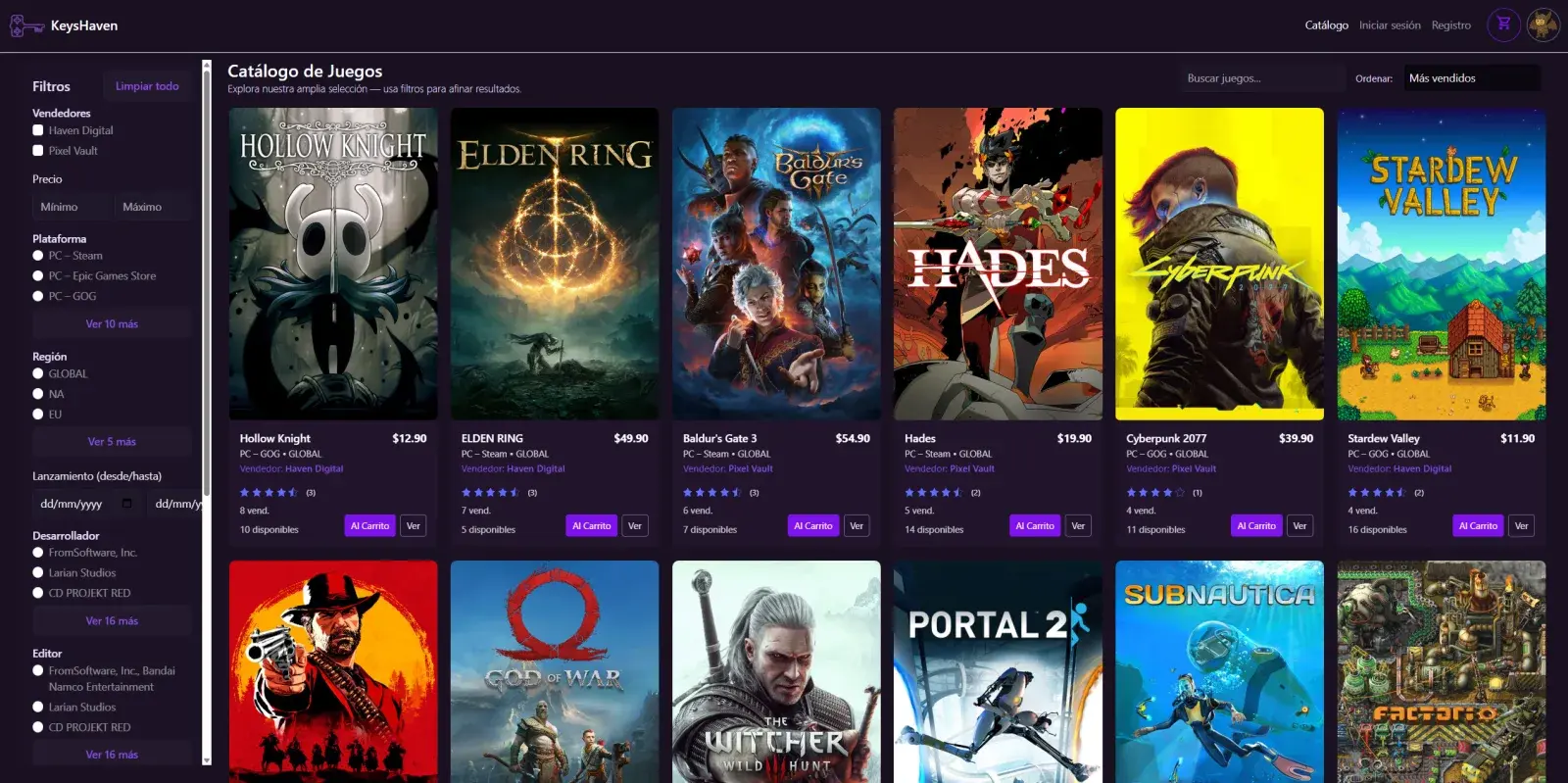 Catálogo completo de KeysHaven con búsqueda, filtros y listado de videojuegos