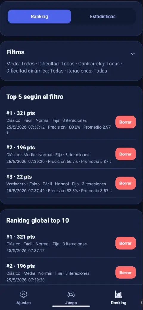 Rankings de resultados guardados en el dispositivo, con filtros de configuración.