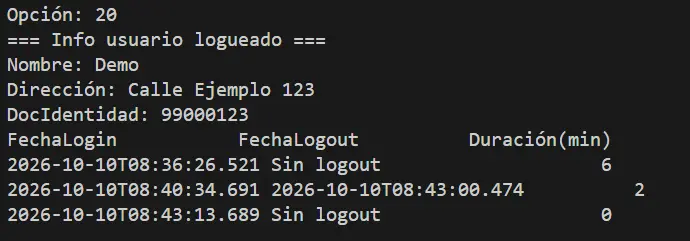 Registros de inicio y cierre de sesión del usuario Demo en Cassandra