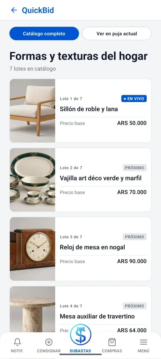 QuickBid: catálogo de lotes con precios base y estado de subasta